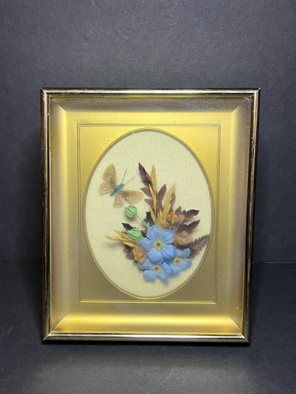 Vintage MCM Grannycore Gold Tone Framed Butterfly & Flowers Shadow Box 5.75"